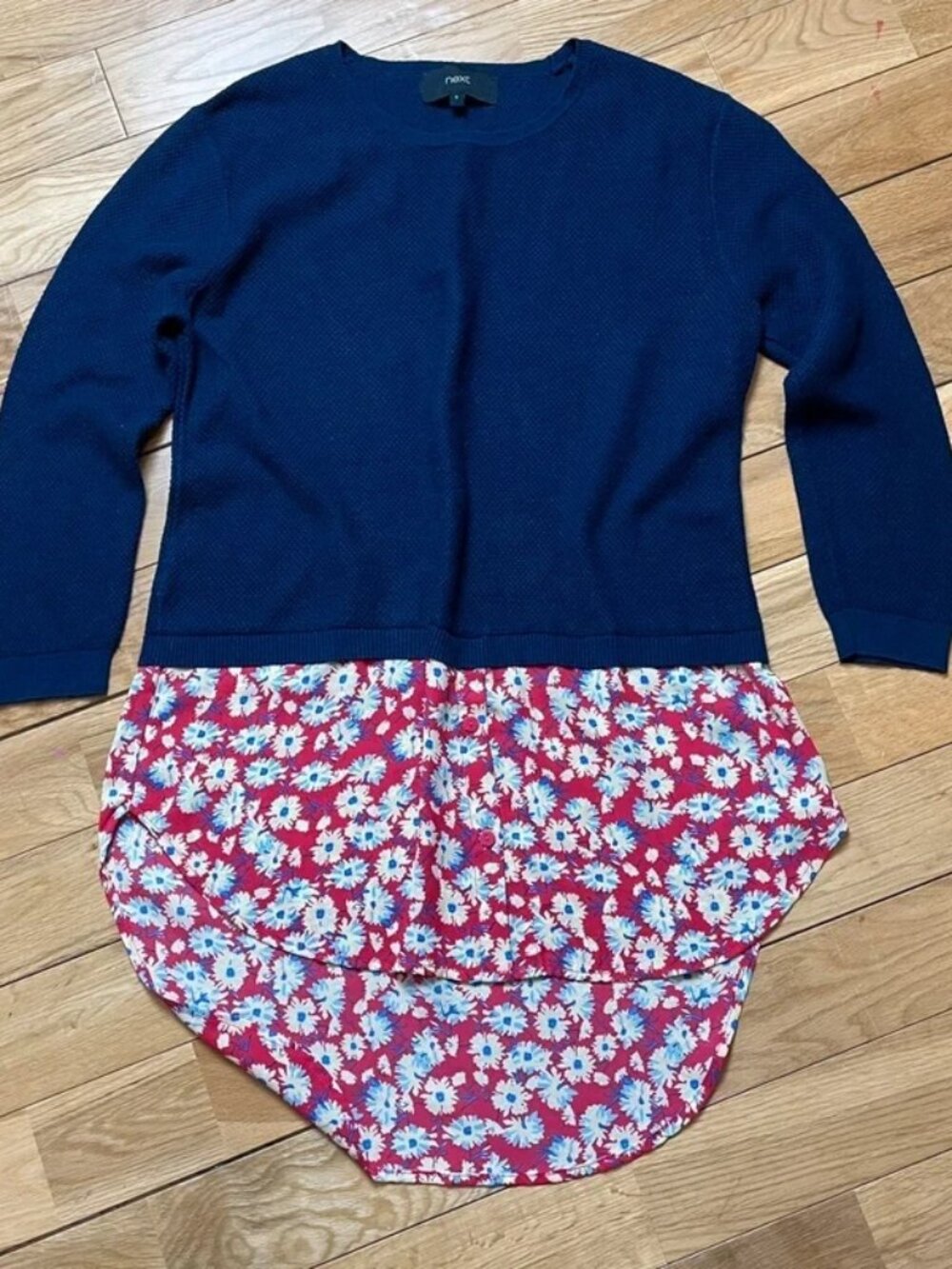 next layered look jumper bloe floral hem navy blue size 8 smart casual workwear